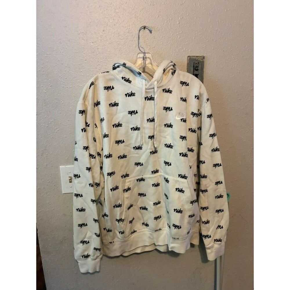 Nike Cream All Over Black Script Logo Pullover Hoodie Size Large